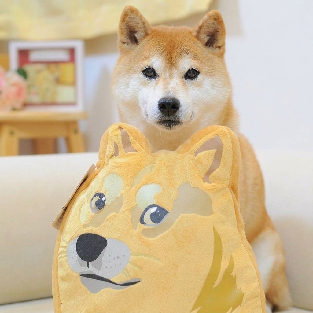 Kabosu sitting with bright yellow plush Doge bag